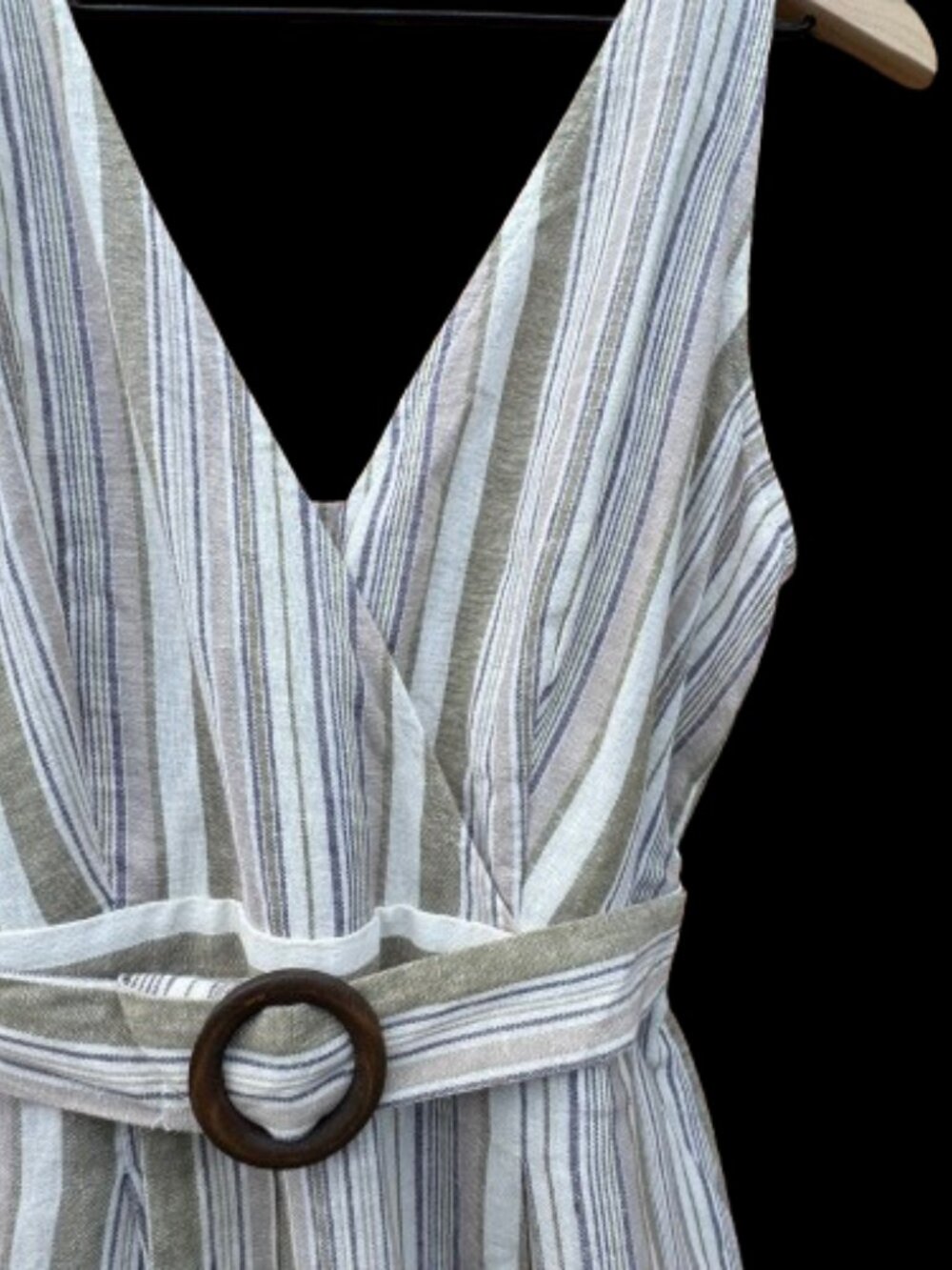 Altar'd State Belted Jumpsuit Large Green Tan Stripe Pockets Linen Blend - Picture 2 of 12